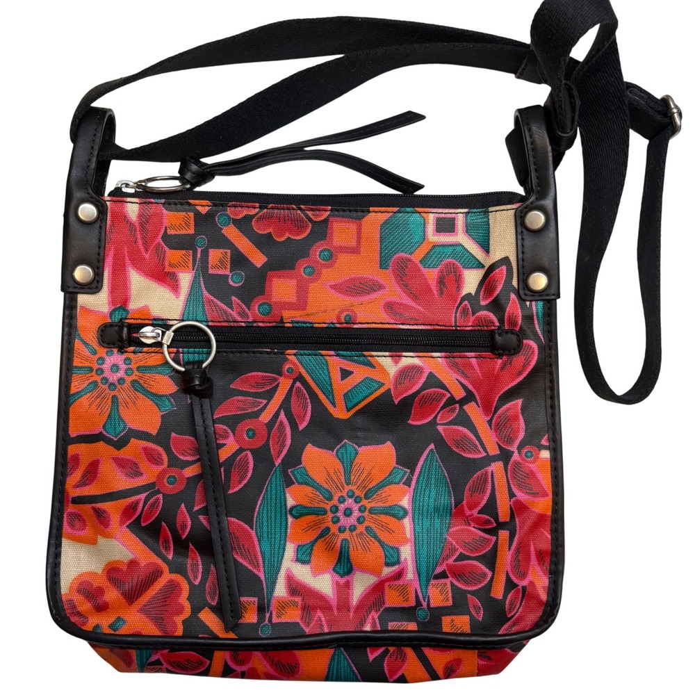 Fossil Crossbody Messenger Adjustable Bag Coated Canvas Floral Black‎ Orange